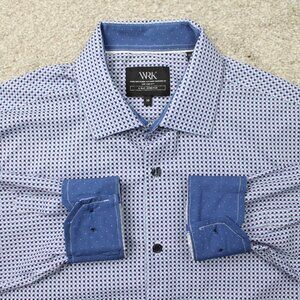 WRK Dress Shirt Men 16 Blue Geometric 4-Way Stretch Flip Cuff Poly Long Sleeve